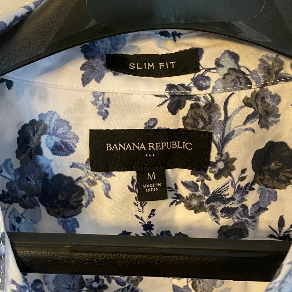 Banana Republic Shirt Mens M Medium Slim Fit Floral Blue White Short Sleeve Repr